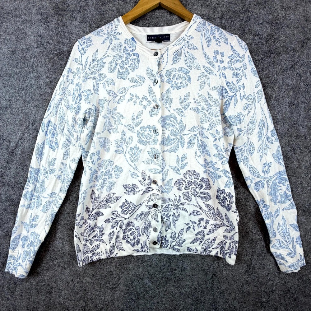 Karen Scott Cardigan Sweater Womens Small White Blue Floral Coastal Chic Grandma